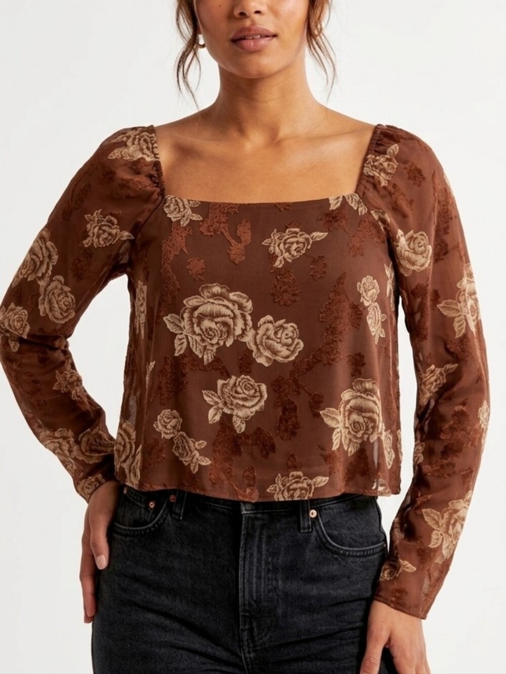 Willow & Root Brown Rose Floral Square Neck Long Sleeve Crop Blouse Size L